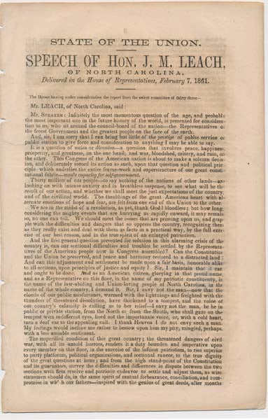 LEACH, J.M. - State of the Union. Speech of Hon. J.M. Leach, of North Carolina, Delivered in the House of Representatives, February 7, 1861
