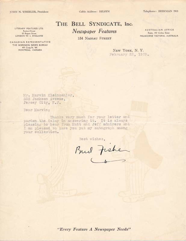 Item #14370 Typed Letter Signed. Harry C. "Bud" FISHER.