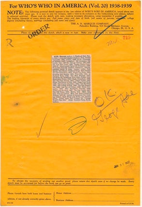 Item #14374 Printed Document Signed. George ADE