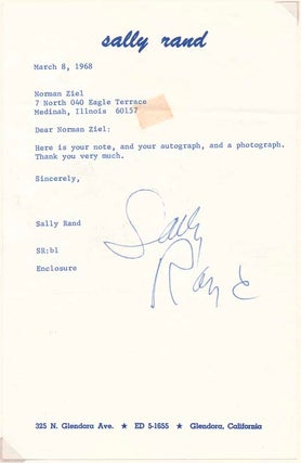 Item #15091 Typed Note Signed. Sally RAND