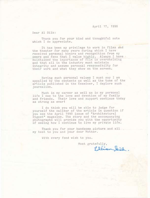 GISH, Lillian (1896-1993) - Typed Letter Signed