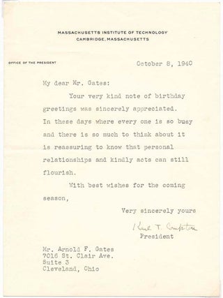 Item #15992 Typed Letter Signed. Karl T. COMPTON