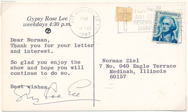 Item #16001 Typed Note Signed. Gypsy Rose LEE.