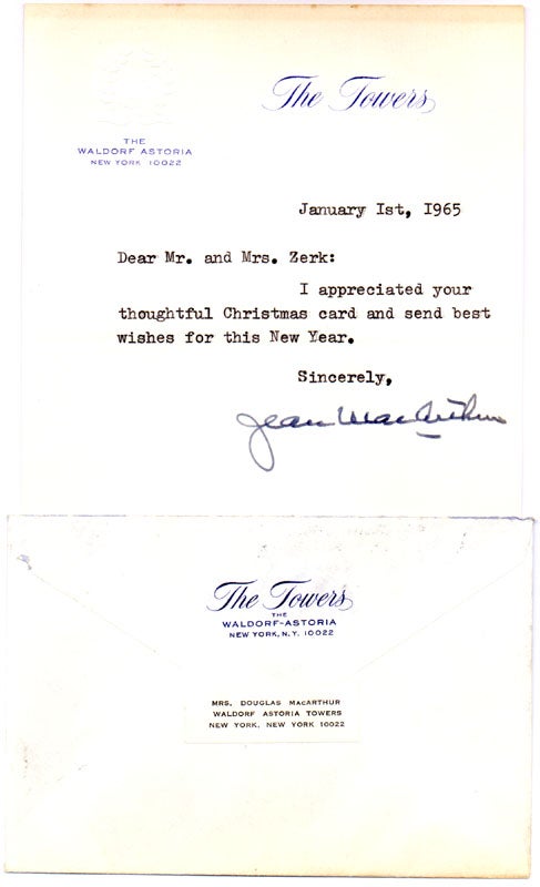 Item #16055 Typed Note Signed. Jean MacARTHUR.