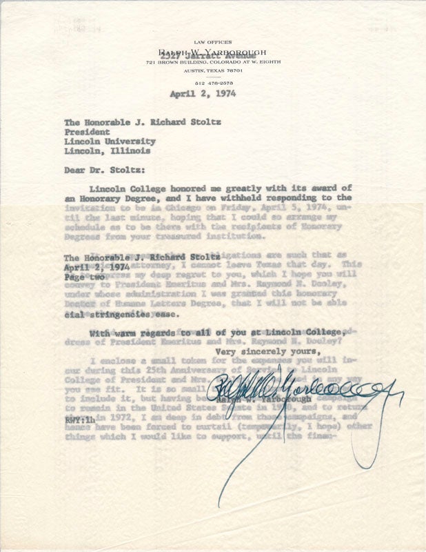 Item #16070 Typed Letter Signed. Ralph W. YARBOROUGH.