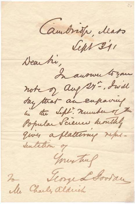 Item #16072 Autograph Letter Signed. George Lincoln GOODALE.