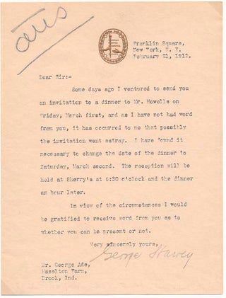 Item #16254 Typed Letter Signed. George HARVEY