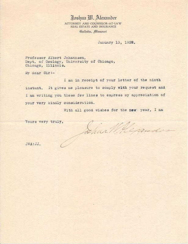 Item #16447 Typed Note Signed. Joshua W. ALEXANDER.