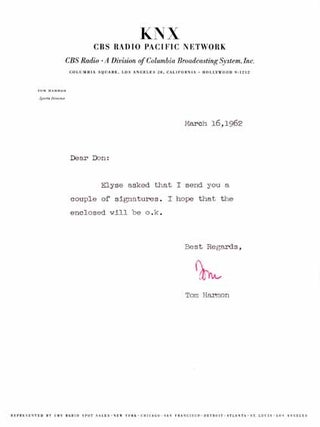 Item #16585 Typed Note Signed. Tom HARMON