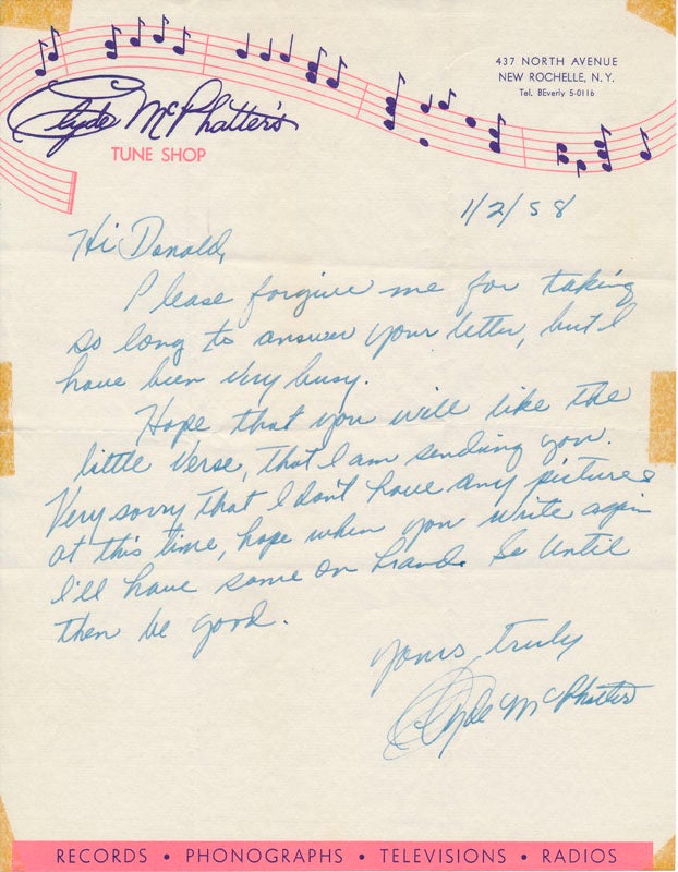 Item #17516 Autograph Letter Signed. Clyde McPHATTER.