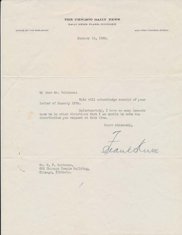Item #18062 Typed Note Signed. Frank KNOX.