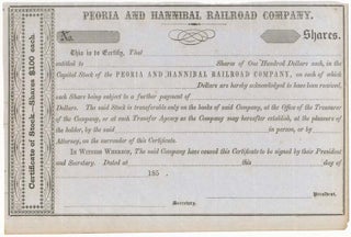 Item #18165 Certificate of Stock... Peoria and Hannibal Railroad Company. PEORIA AND HANNIBAL...