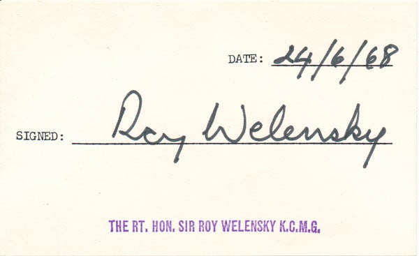 Item #18323 Signature. Roy WELENSKY, ?-1991.