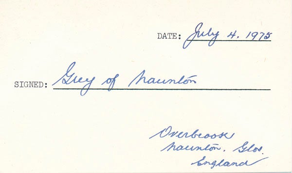 Item #18659 Signature. Ralph Francis Almwick GREY, Lord Grey of Naunton.