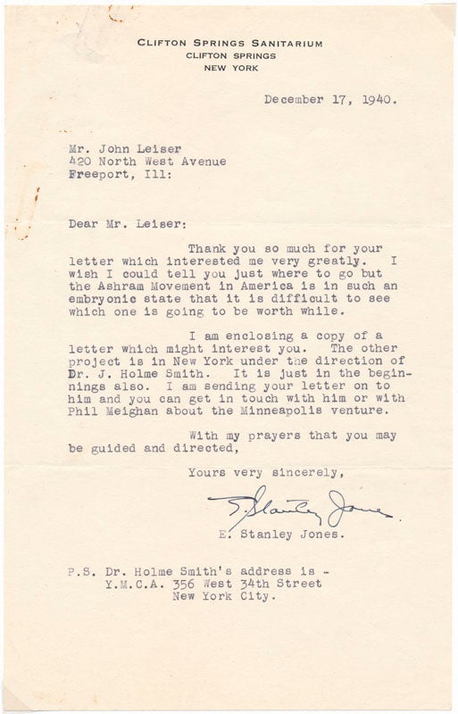 Item #18692 Typed Letter Signed. Eli Stanley JONES.