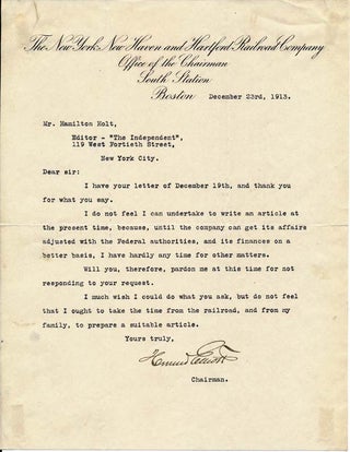 Item #19427 Typed Letter Signed. Howard ELLIOTT, 1860-?