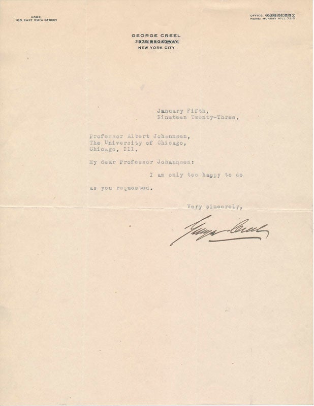 Item #19958 Typed Note Signed. George CREEL.