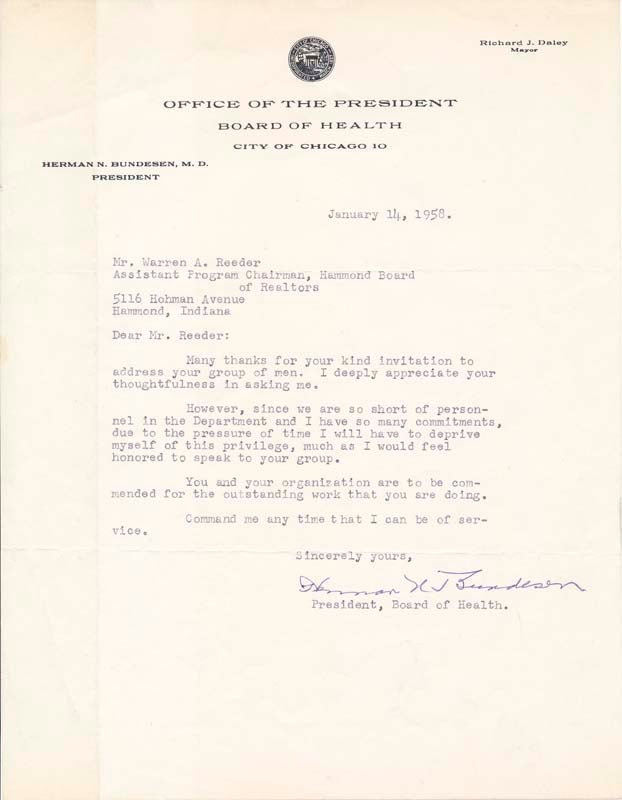 BUNDESEN, Herman N. (1881-1960) - Typed Letter Signed