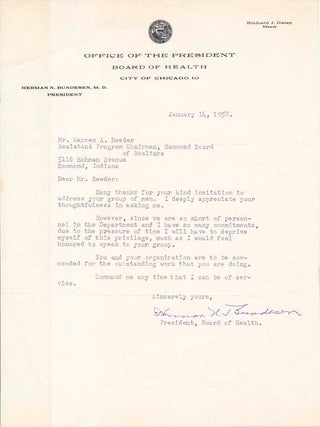 Item #19983 Typed Letter Signed. Herman N. BUNDESEN
