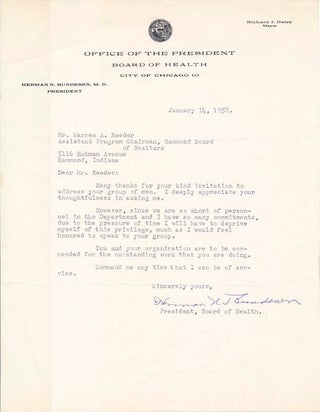 Item #19983 Typed Letter Signed. Herman N. BUNDESEN