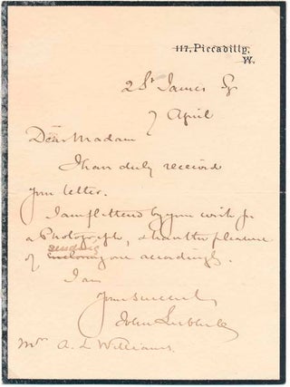 Item #20930 Autograph Note Signed. John LUBBOCK, 1st Baron Avebury