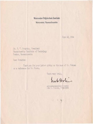 Item #20939 Typed Note Signed. Ira N. HOLLIS
