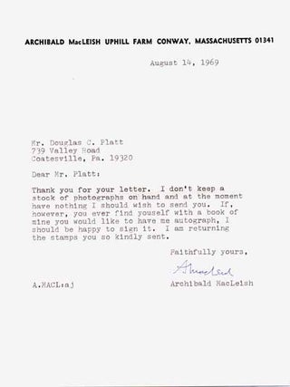 Item #21892 Typed Note Signed. Archibald MacLEISH