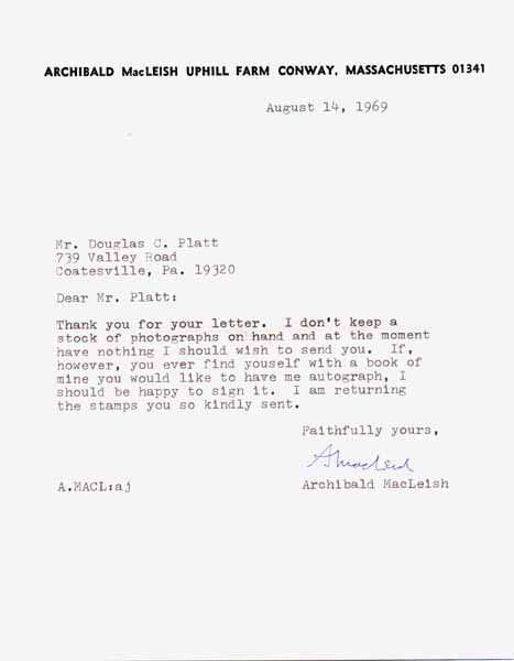 Item #21892 Typed Note Signed. Archibald MacLEISH.