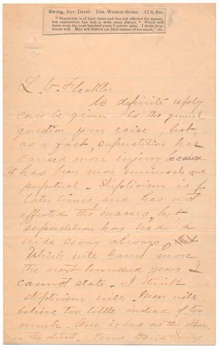 SWING, David (1830-94) - Autograph Letter Signed