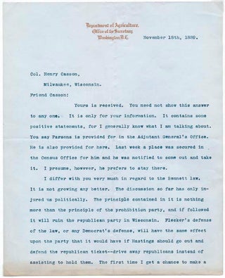 Item #22675 Typed Letter Signed. Jeremiah M. "Uncle Jerry" RUSK