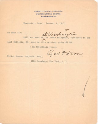 Item #22686 Typed Note Signed. George F. HOAR