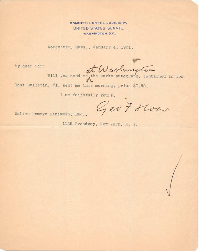 Item #22686 Typed Note Signed. George F. HOAR.
