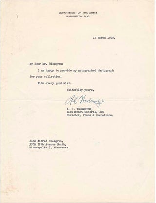 Item #22709 Typed Note Signed. Albert C. WEDEMEYER