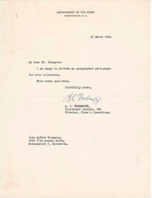 Item #22709 Typed Note Signed. Albert C. WEDEMEYER.