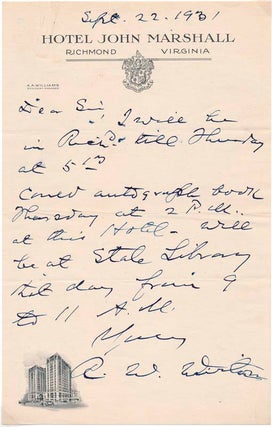 Item #24201 Autograph Letter Signed. Robert W. WINSTON
