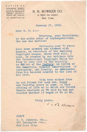 Item #24585 Typed Letter Signed. R. R BOWKER