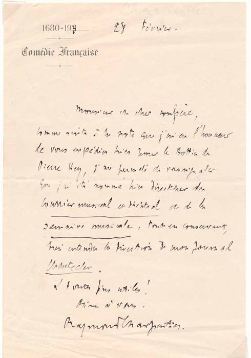 CHARPENTIER, Raymond (1880-1960) - Autograph Letter Signed