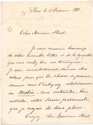 Autograph Letter Signed. Charles LAMOUREUX.