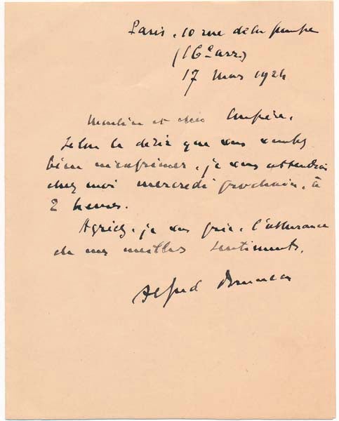 BRUNEAU, Alfred (1857-1934) - Autograph Note Signed
