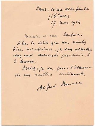 Item #25088 Autograph Note Signed. Alfred BRUNEAU