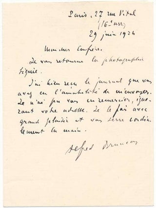 Item #25097 Autograph Note Signed. Alfred BRUNEAU
