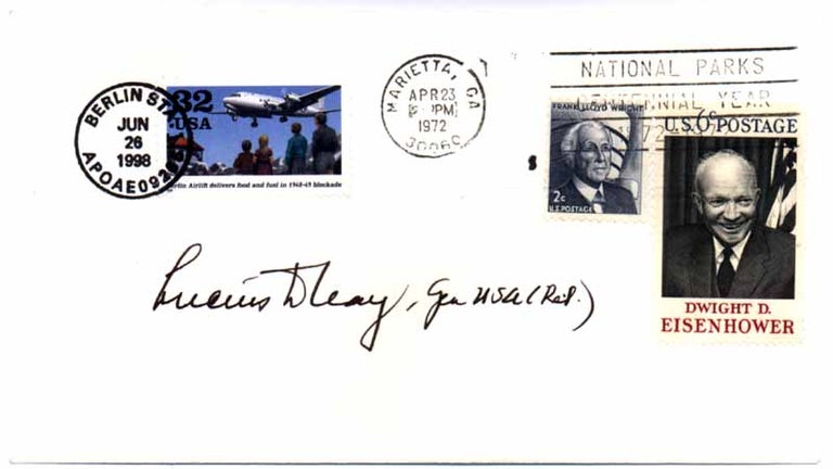 Item #25102 Signed Postal Cover / Unsigned Photograph. Lucius D. CLAY.