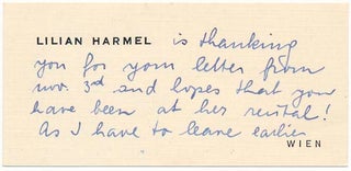 Item #25345 Autograph Note Signed. Lilian HARMEL