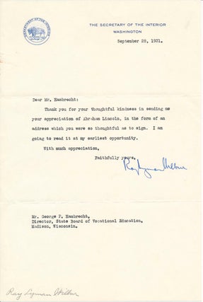 Item #25976 Typed Note Signed. Ray Lyman WILBUR
