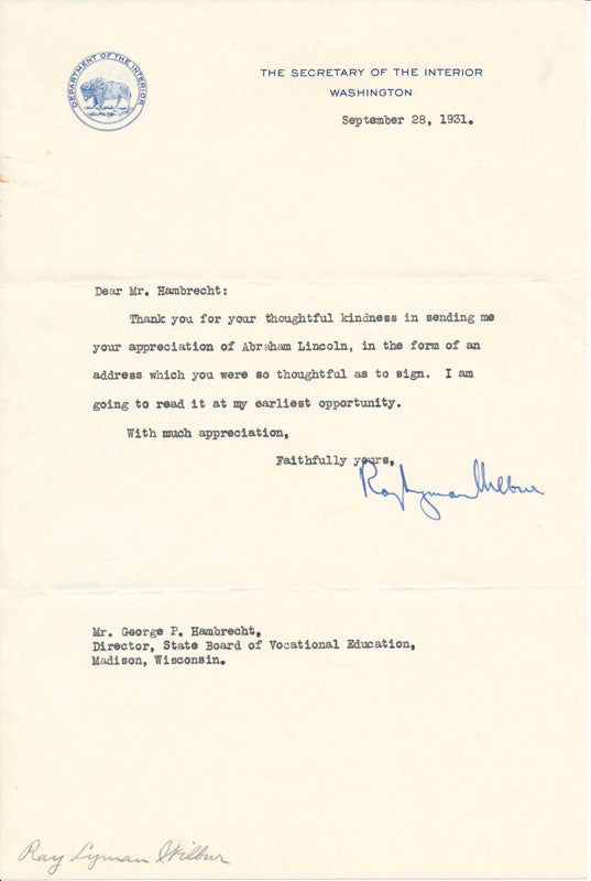 Item #25976 Typed Note Signed. Ray Lyman WILBUR.