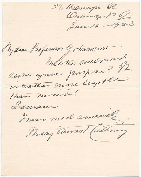 Item #27015 Autograph Note Signed / Autograph Manuscript Signed. Mary Stewart CUTTING.