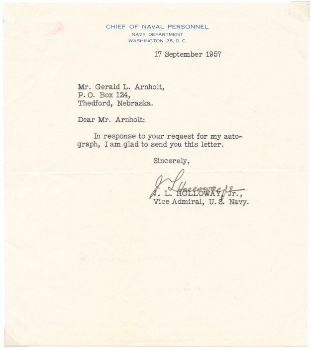 Item #27397 Typed Note Signed. James L. HOLLOWAY, Jr.