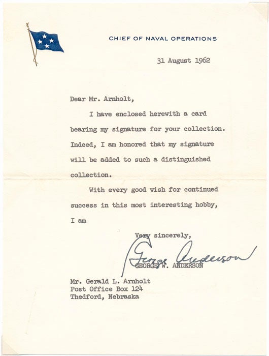 Item #27398 Typed Note Signed. George W. ANDERSON.