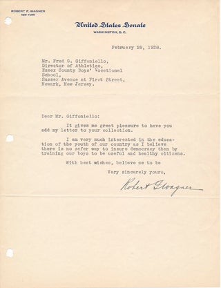 Item #27629 Typed Note Signed. Robert F. WAGNER