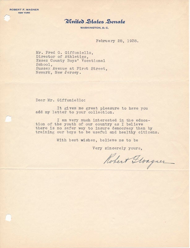 Item #27629 Typed Note Signed. Robert F. WAGNER.